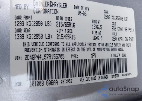 2007 Dodge Grand Caravan Sxt z USA, uszkodzony, nr VIN 2D4GP44L97R155705